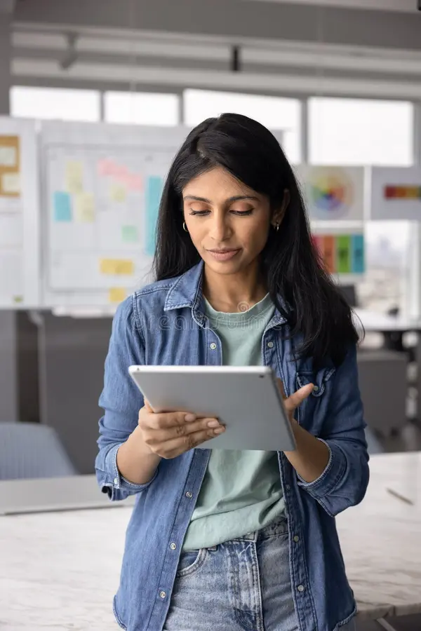 pretty indian professional woman working tablet indian professional woman working tablet review important information 454038096