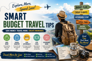 Budget travel planning with backpack and map