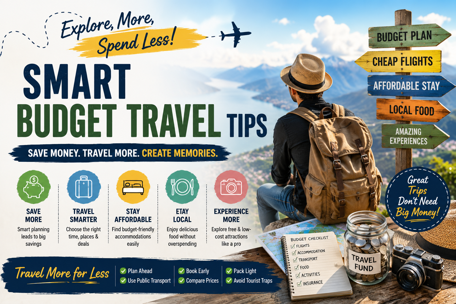 Budget travel planning with backpack and map